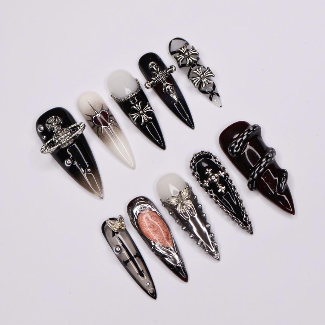 Elegant Gothic Stiletto Press-On Nails: Silver Cross Charm & Planet Accents on Chic French Tips with Intricate Chain Details