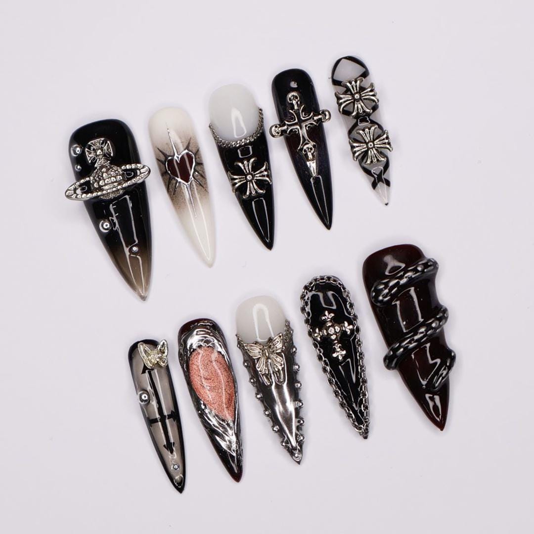 Elegant Gothic Stiletto Press-On Nails: Silver Cross Charm & Planet Accents on Chic French Tips with Intricate Chain Details