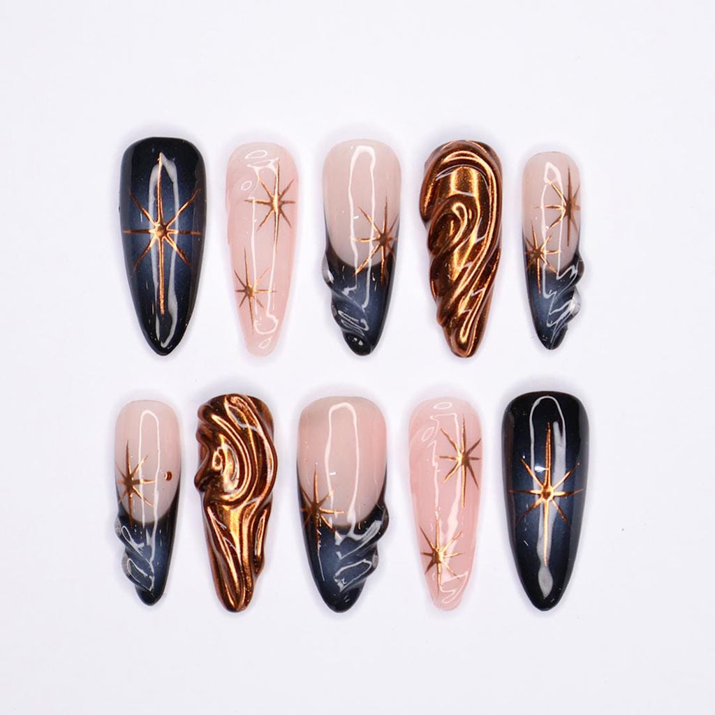 Elevate Your Glam: Long Almond Copper Chrome Press-On Nails with Twinkle Star Accents, Deep Aura Vibes, and Chic French Tips