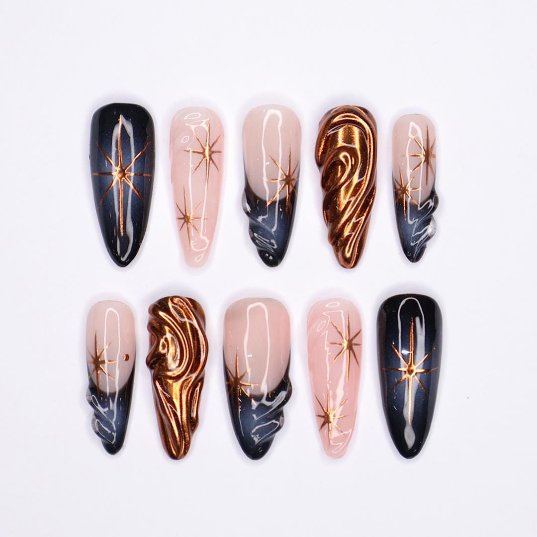 Elevate Your Glam: Long Almond Copper Chrome Press-On Nails with Twinkle Star Accents, Deep Aura Vibes, and Chic French Tips
