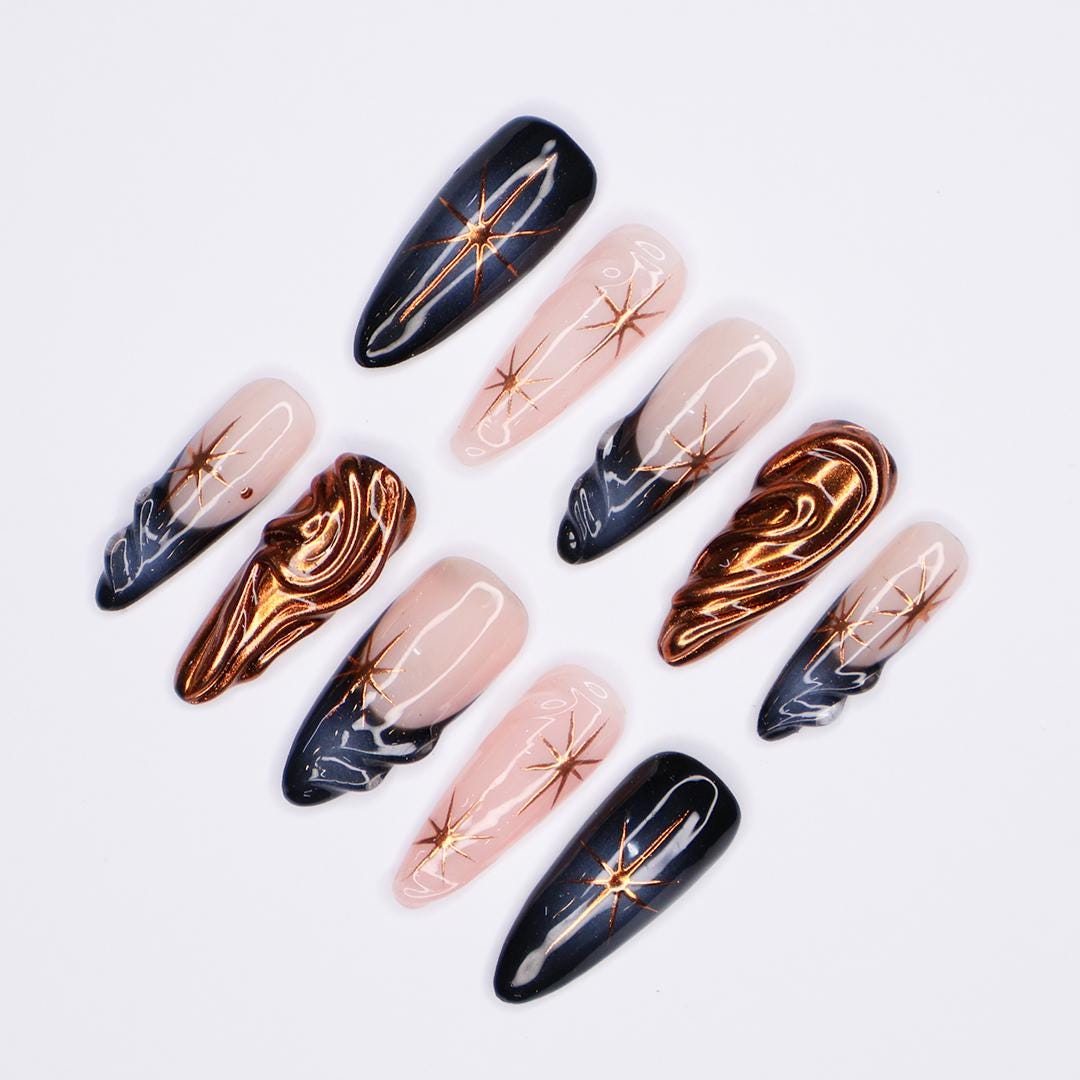 Elevate Your Glam: Long Almond Copper Chrome Press-On Nails with Twinkle Star Accents, Deep Aura Vibes, and Chic French Tips