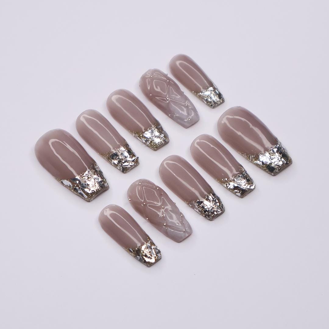 Enchanting Press-On Nails with Glitter French Tips - Medium Coffin Shape, Perfect for Daily Wear or Special Occasions! Gift Her Elegance