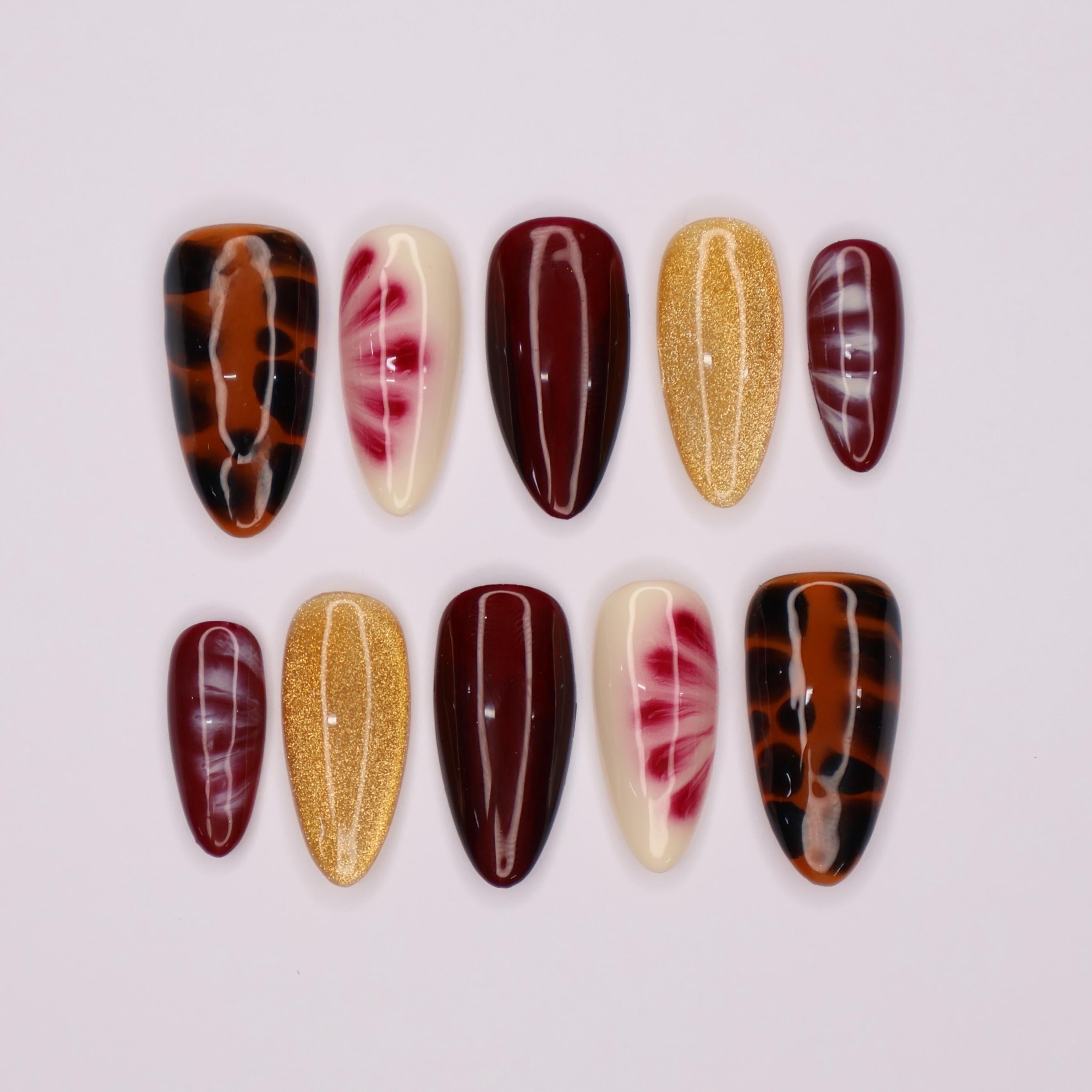 Blooming Brown Elegance, Medium Almond Press-On Nails with Gold Glitter - Perfect for Fall Season, Daily, Holiday or Gift for Her