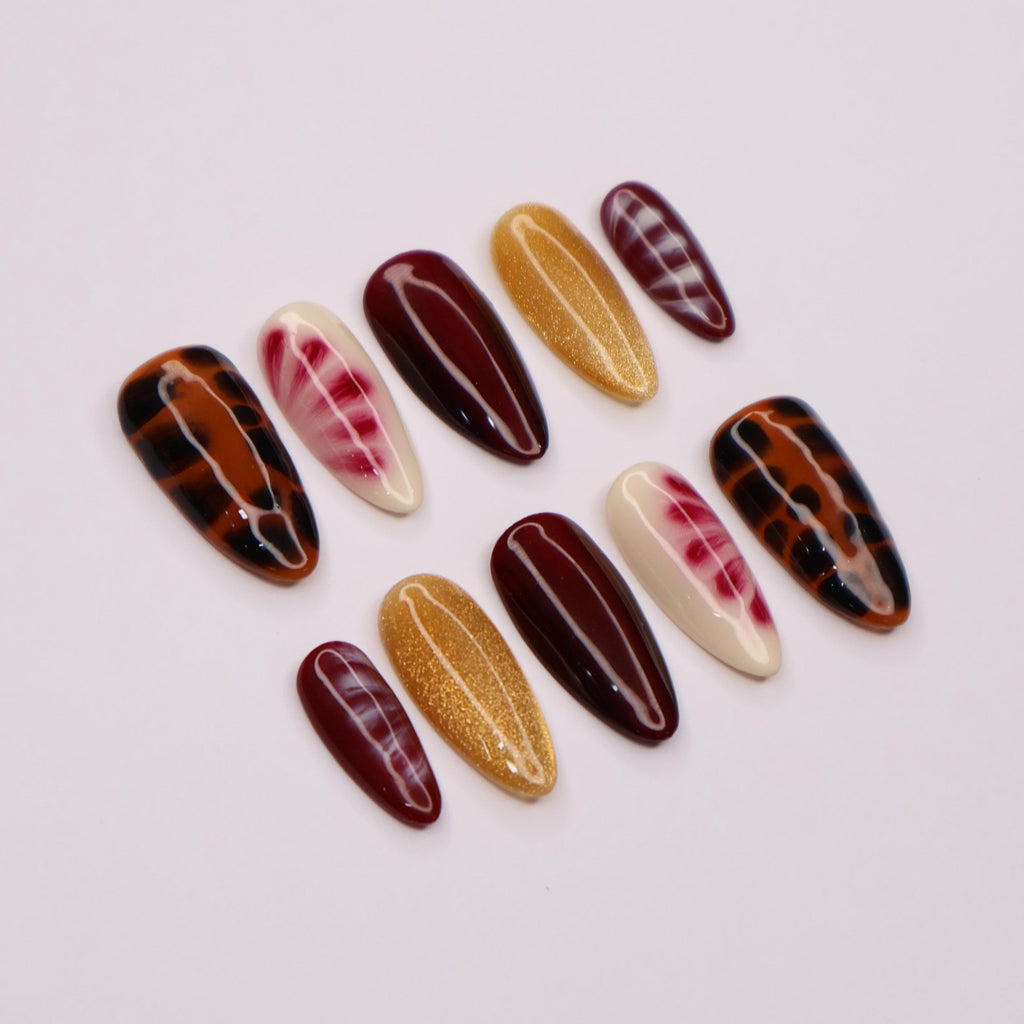 Blooming Brown Elegance, Medium Almond Press-On Nails with Gold Glitter - Perfect for Fall Season, Daily, Holiday or Gift for Her