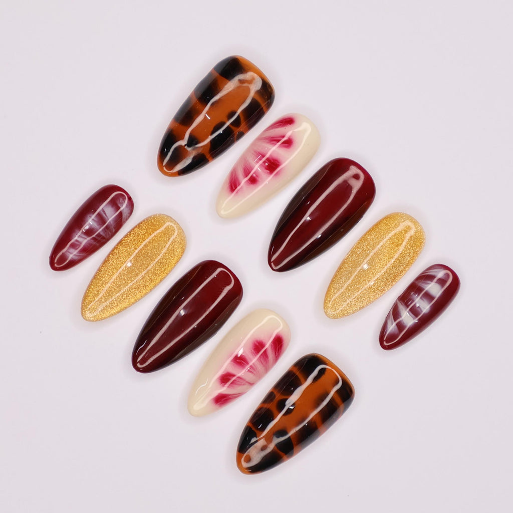 Blooming Brown Elegance, Medium Almond Press-On Nails with Gold Glitter - Perfect for Fall Season, Daily, Holiday or Gift for Her