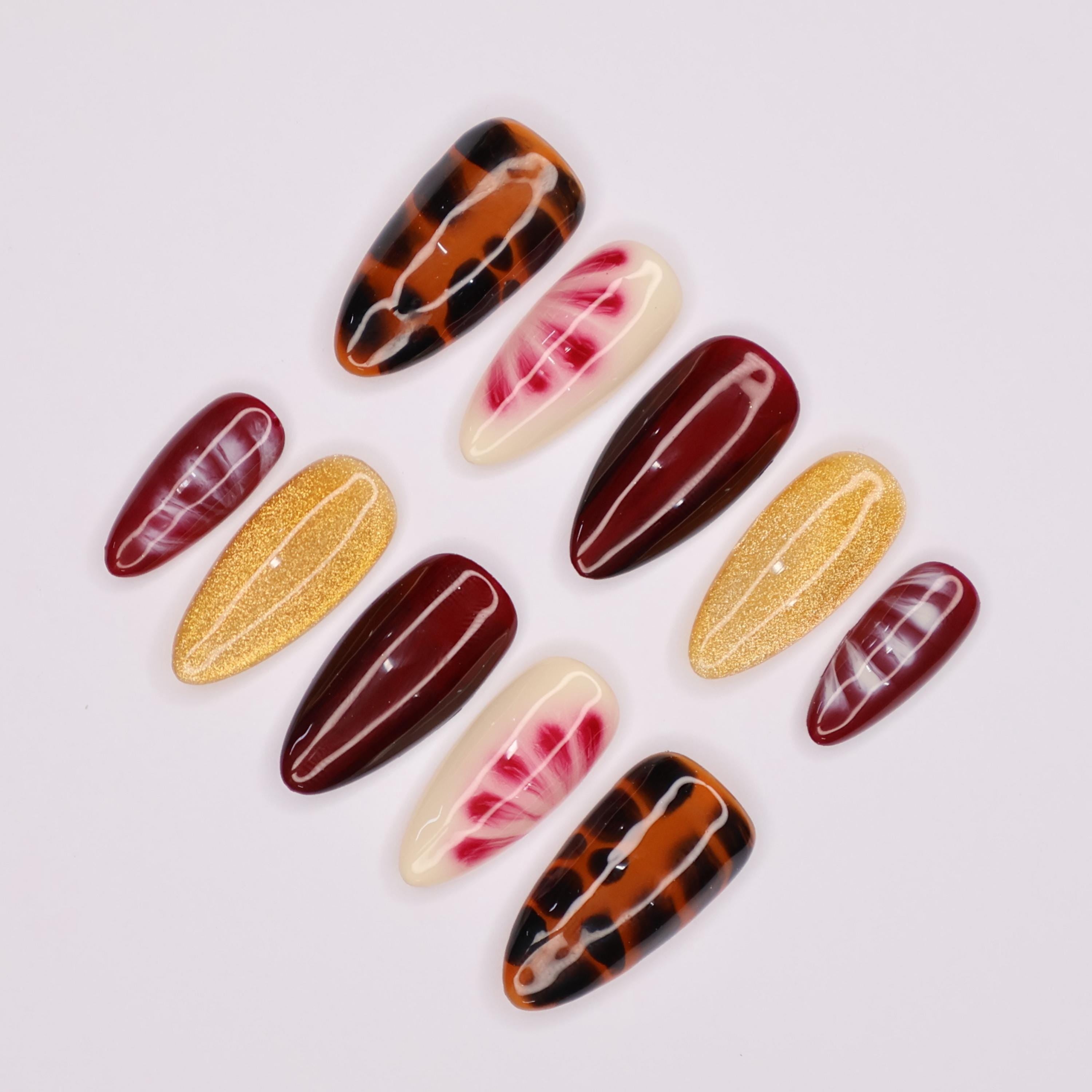 Blooming Brown Elegance, Medium Almond Press-On Nails with Gold Glitter - Perfect for Fall Season, Daily, Holiday or Gift for Her