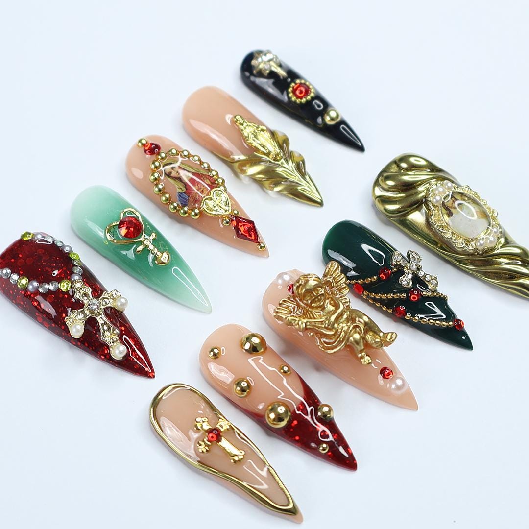 Christmas Press On Nails with Cross and Angel Accents, Virgin Mary Long Stiletto Nails in Red, Green, and Gold for Holiday, Gift for Her