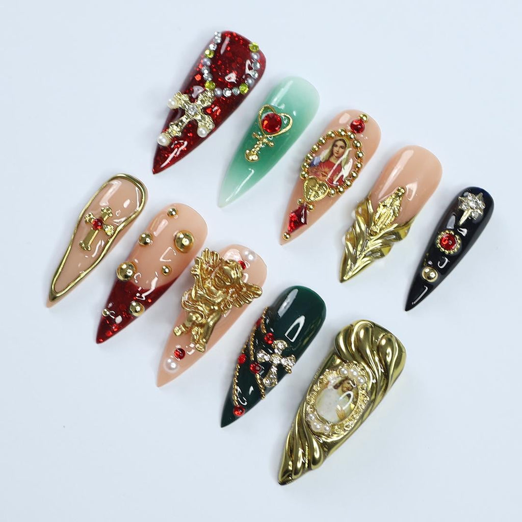 Christmas Press On Nails with Cross and Angel Accents, Virgin Mary Long Stiletto Nails in Red, Green, and Gold for Holiday, Gift for Her