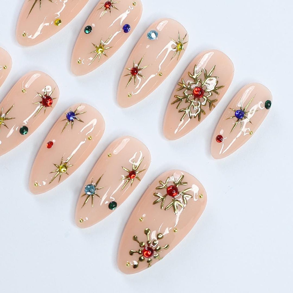 Festive Elegance: Medium Almond Press-On Nails with Colorful Gems and Gold Chrome Snow - Perfect for Christmas Nights and Gifts for Her