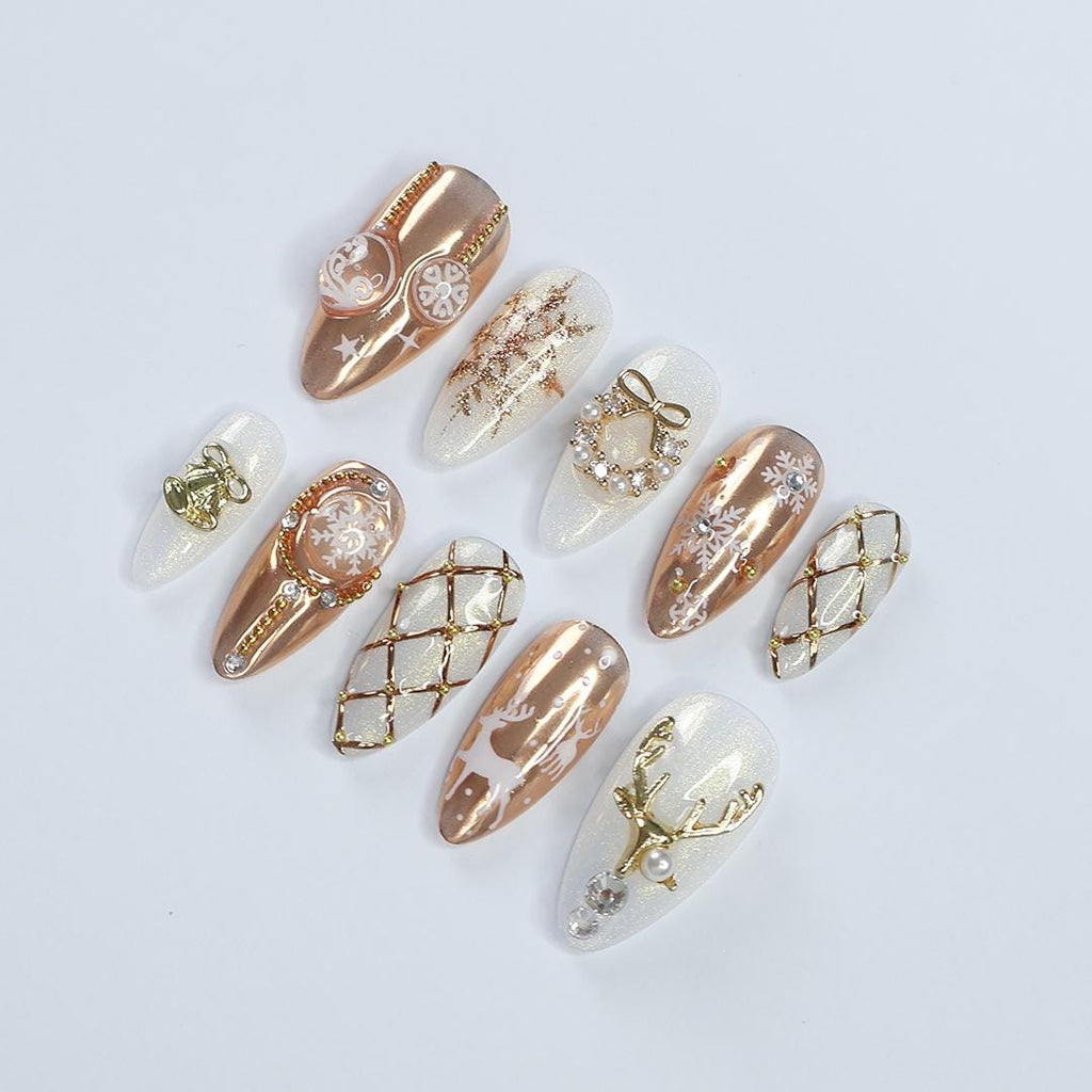 Festive Reindeer & Laurel Wreath Press-On Nails: Medium Almond Shape for a Holiday Vibe. Perfect Gift for Her This Christmas