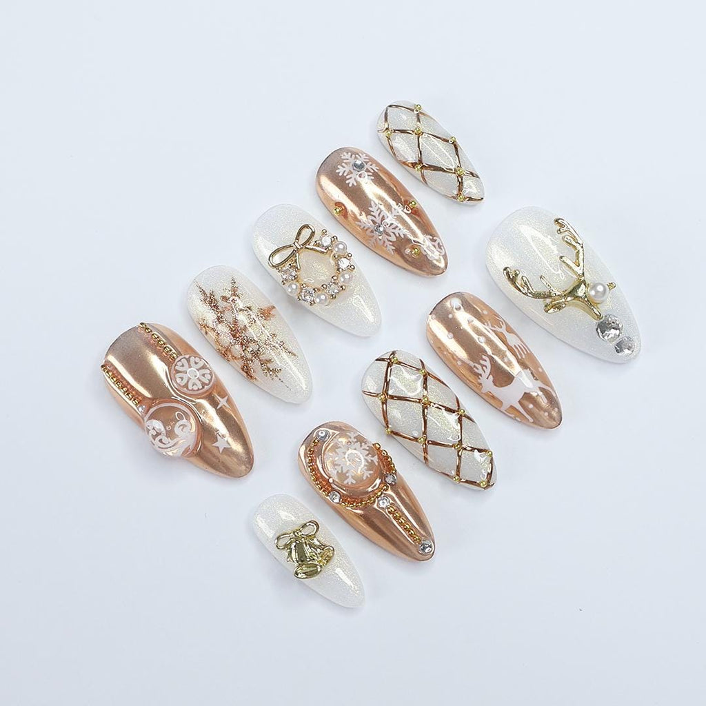 Festive Reindeer & Laurel Wreath Press-On Nails: Medium Almond Shape for a Holiday Vibe. Perfect Gift for Her This Christmas