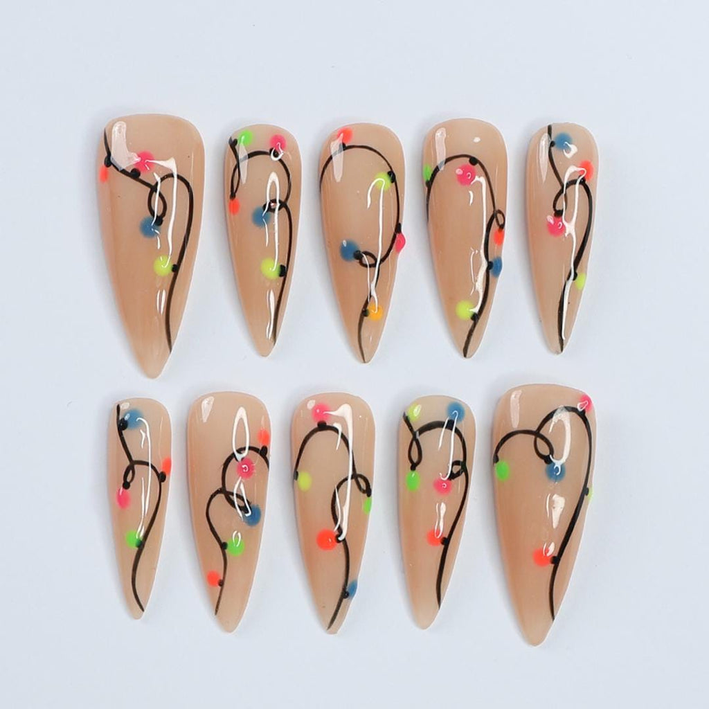 Colorful Lights Glow-In-The-Dark Christmas Long Stiletto Press On Nail - Luxurious XMas and Holiday Nail Art
