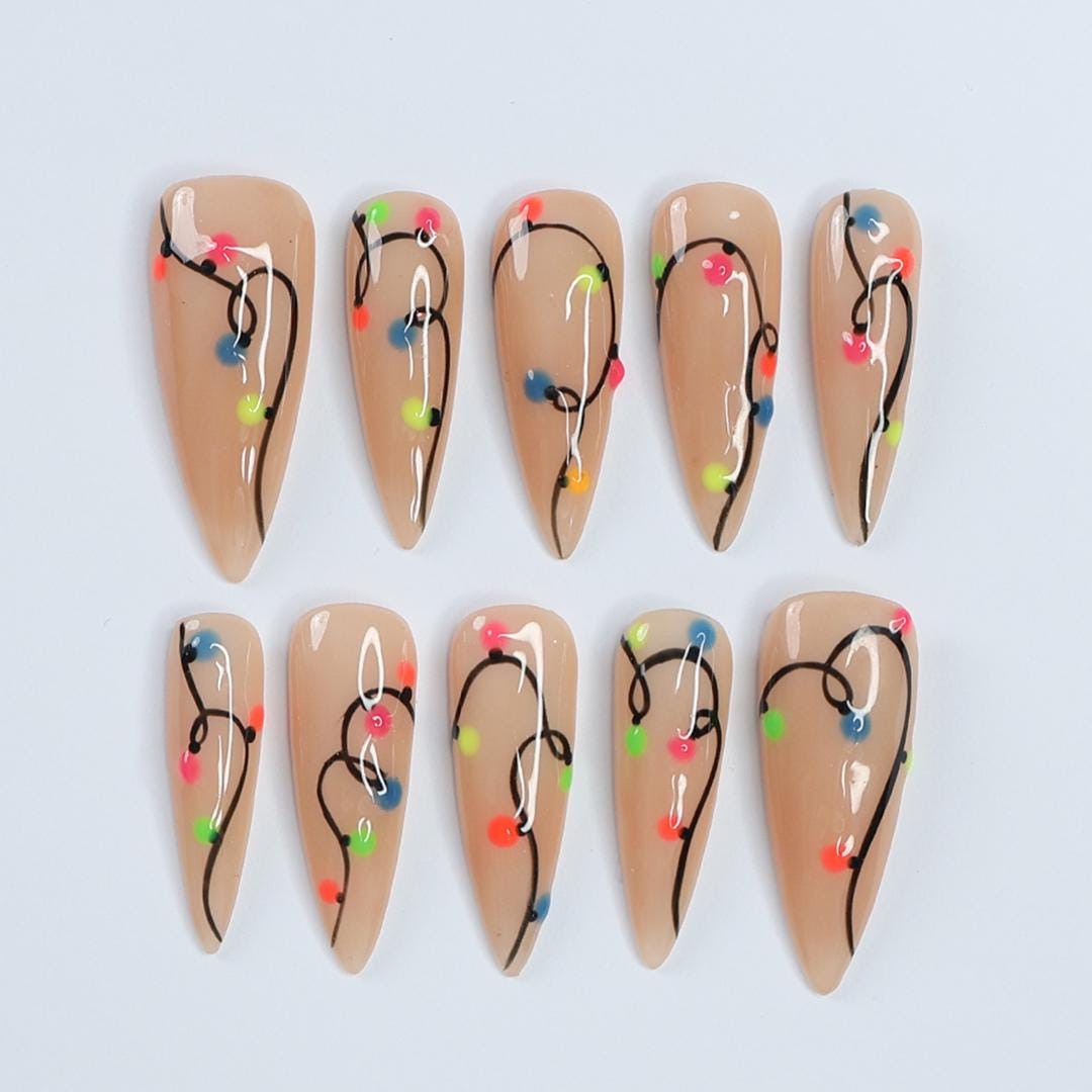 Colorful Lights Glow-In-The-Dark Christmas Long Stiletto Press On Nail - Luxurious XMas and Holiday Nail Art