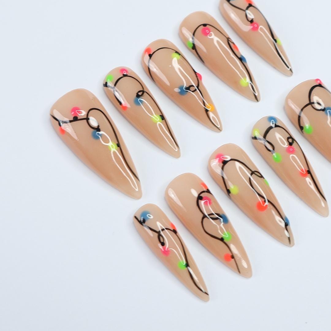 Colorful Lights Glow-In-The-Dark Christmas Long Stiletto Press On Nail - Luxurious XMas and Holiday Nail Art