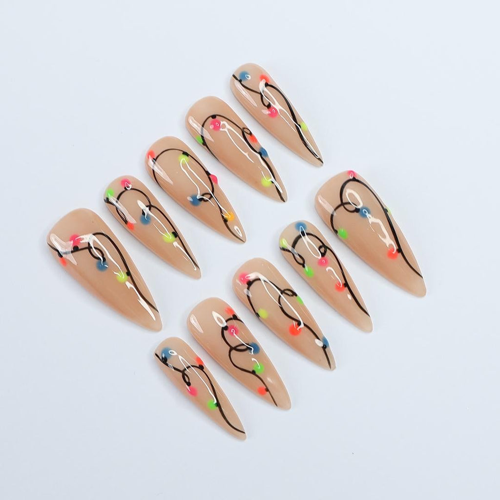Colorful Lights Glow-In-The-Dark Christmas Long Stiletto Press On Nail - Luxurious XMas and Holiday Nail Art