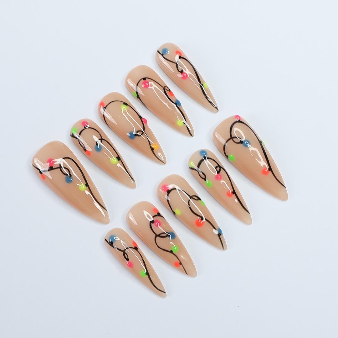 Colorful Lights Glow-In-The-Dark Christmas Long Stiletto Press On Nail - Luxurious XMas and Holiday Nail Art