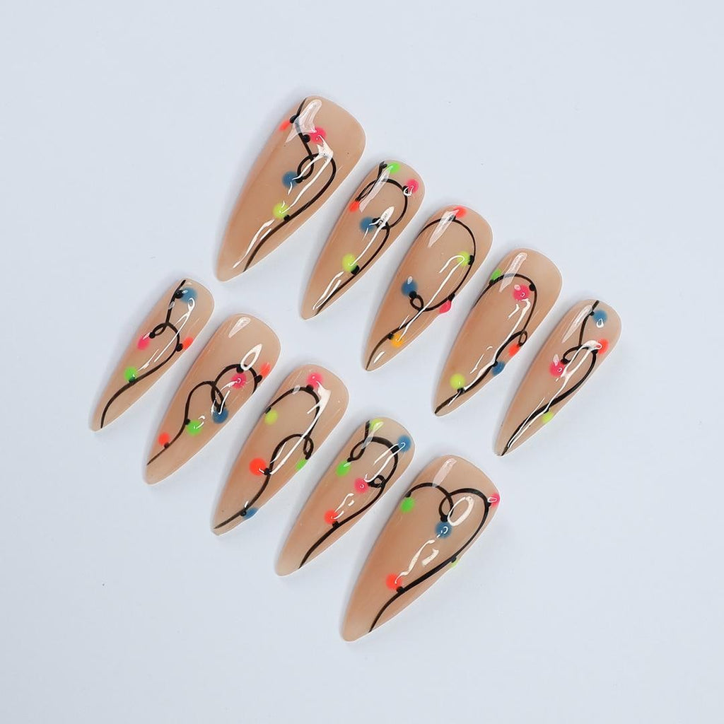 Colorful Lights Glow-In-The-Dark Christmas Long Stiletto Press On Nail - Luxurious XMas and Holiday Nail Art
