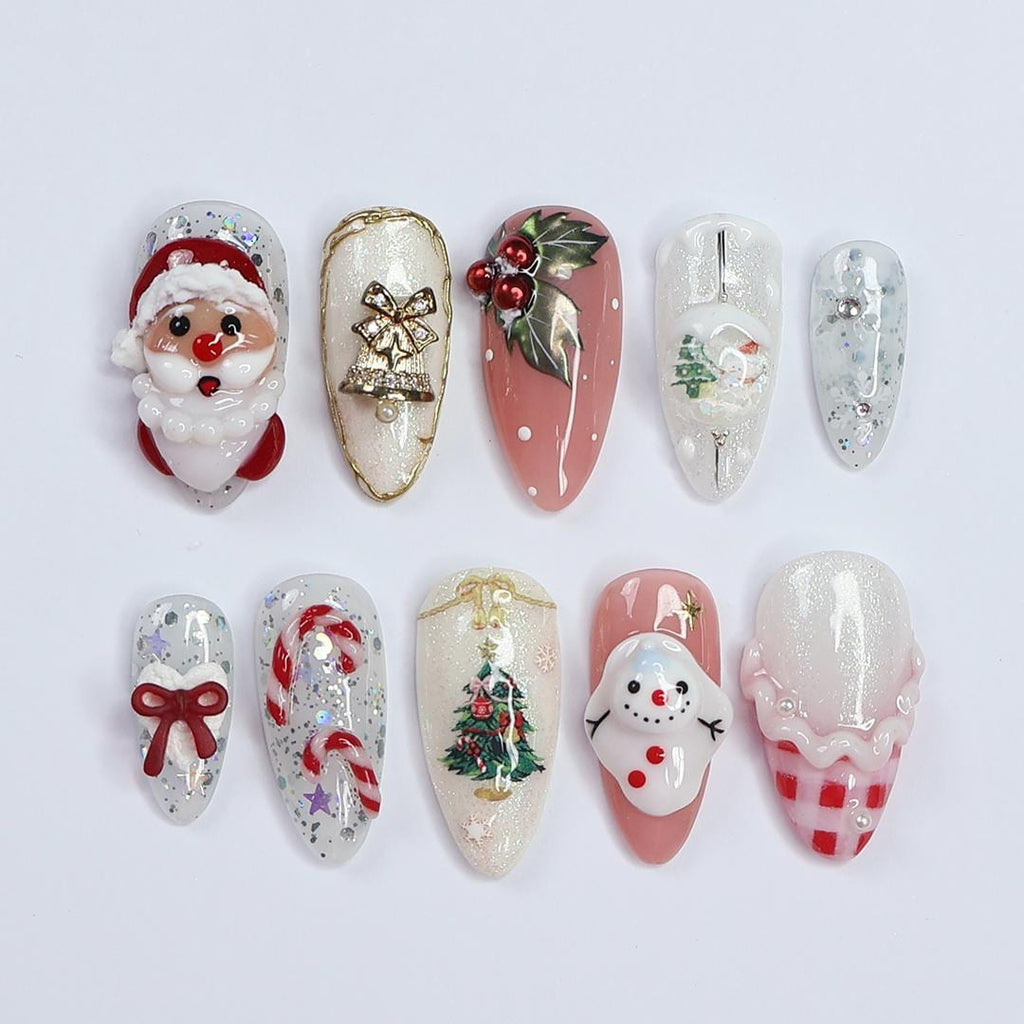 Festive Medium Almond Press-On Nails: Santa Claus, Candy Cane & Christmas Bell Designs - Perfect for Christmas Day Gifts