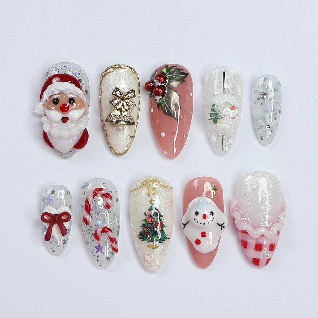 Festive Medium Almond Press-On Nails: Santa Claus, Candy Cane & Christmas Bell Designs - Perfect for Christmas Day Gifts