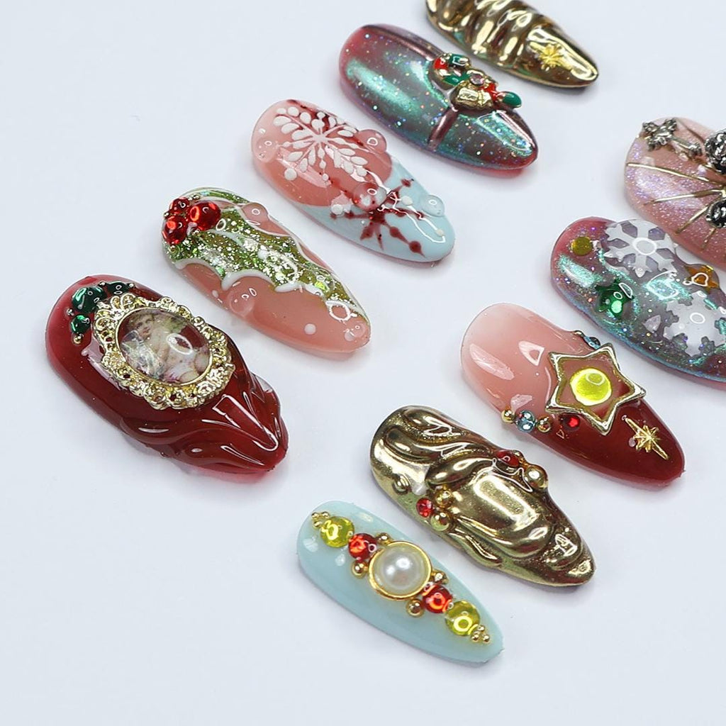 Stunning Medium Almond Press-On Nails: Bay Leaf & Angel Red with Gold Chrome - the perfect festive touch for Christmas or Gift for Her