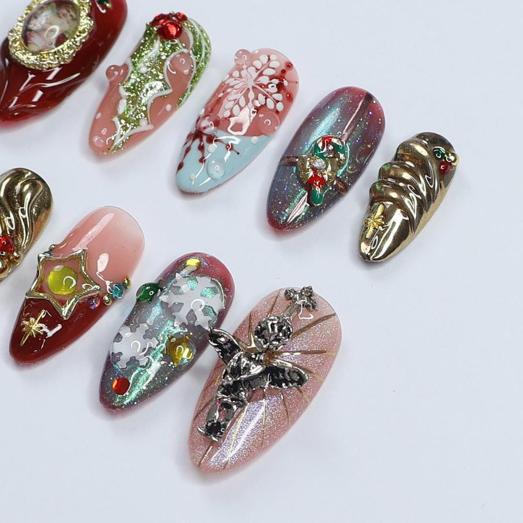 Stunning Medium Almond Press-On Nails: Bay Leaf & Angel Red with Gold Chrome - the perfect festive touch for Christmas or Gift for Her