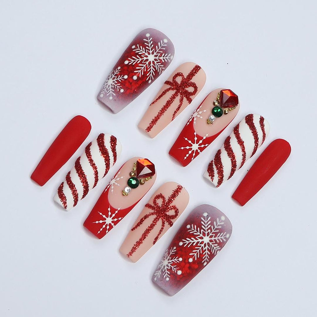 Elegant Long Coffin Press-On Nail, Yuletide Bliss with White Snow, Sparkling Gems, Red French Tip, Perfect for Christmas Day or Gift for Her