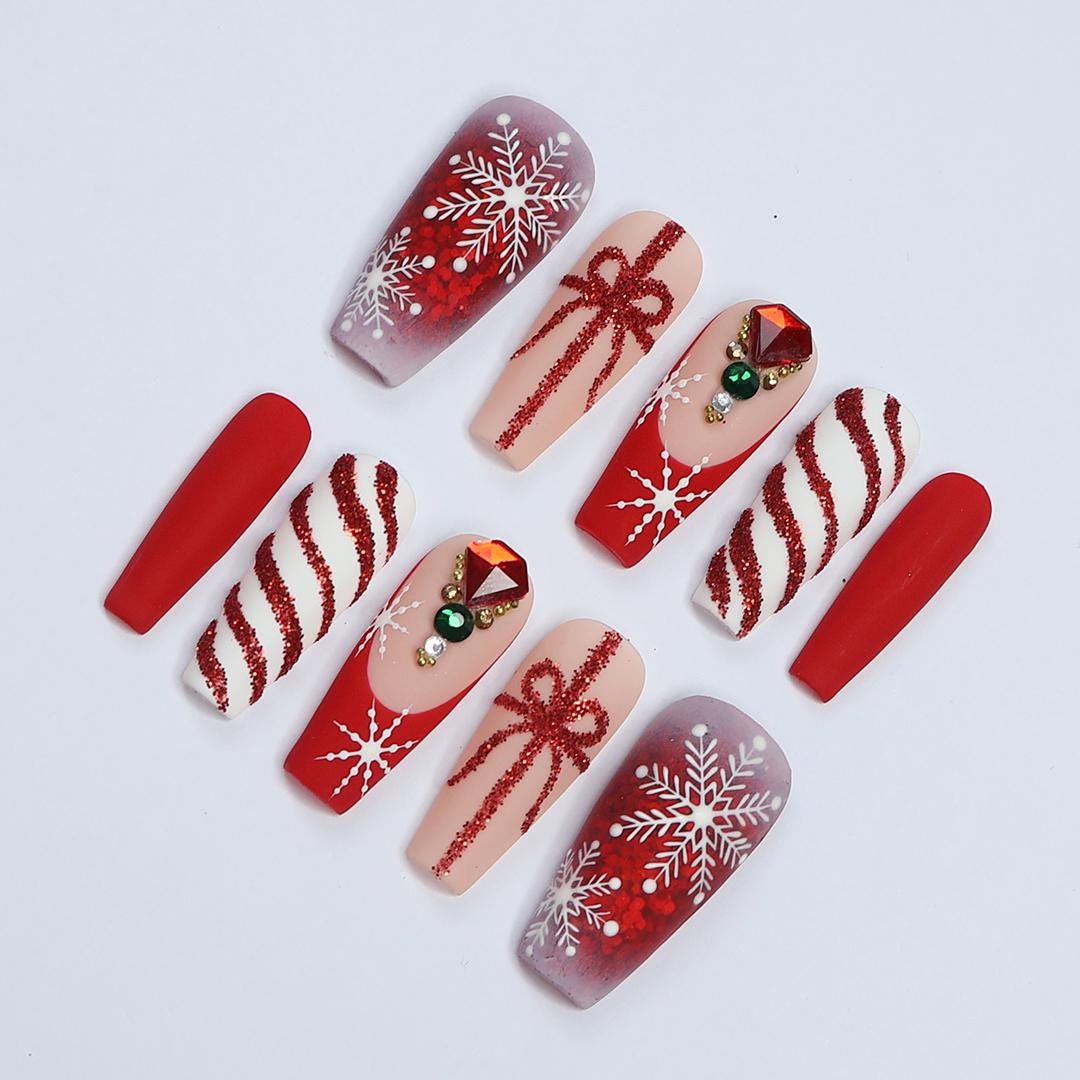 Elegant Long Coffin Press-On Nail, Yuletide Bliss with White Snow, Sparkling Gems, Red French Tip, Perfect for Christmas Day or Gift for Her