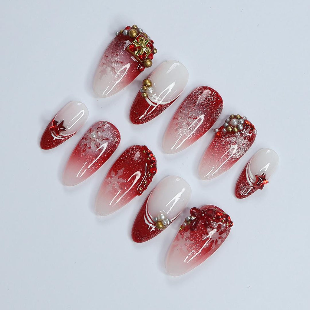 Elevate Holiday Glam with Glittering Sparkling Ombre Red & White Medium Almond Press-On Nails, Perfect for Christmas day or Gift for Her