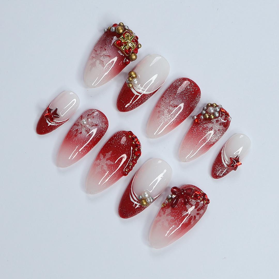 Elevate Holiday Glam with Glittering Sparkling Ombre Red & White Medium Almond Press-On Nails, Perfect for Christmas day or Gift for Her