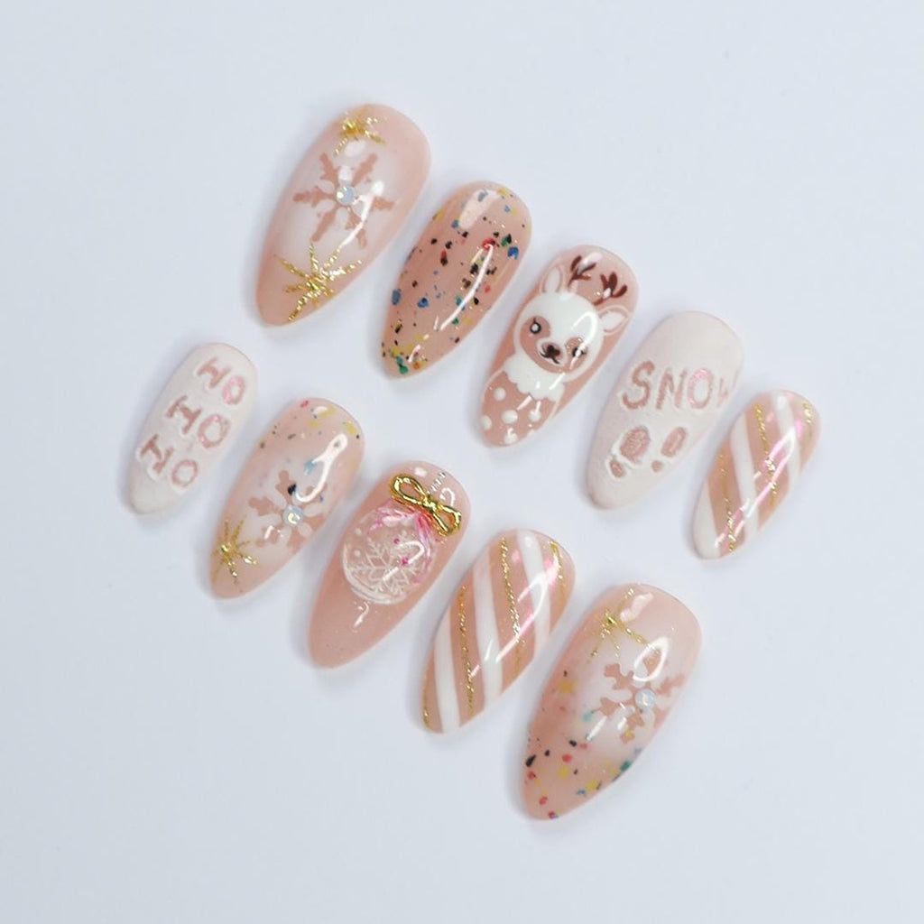 Christmas Press On Nails with Reindeer and Snowflake Art, Nude Medium Almond Holiday Nails, Elegance XMas Nails, Gift for Her