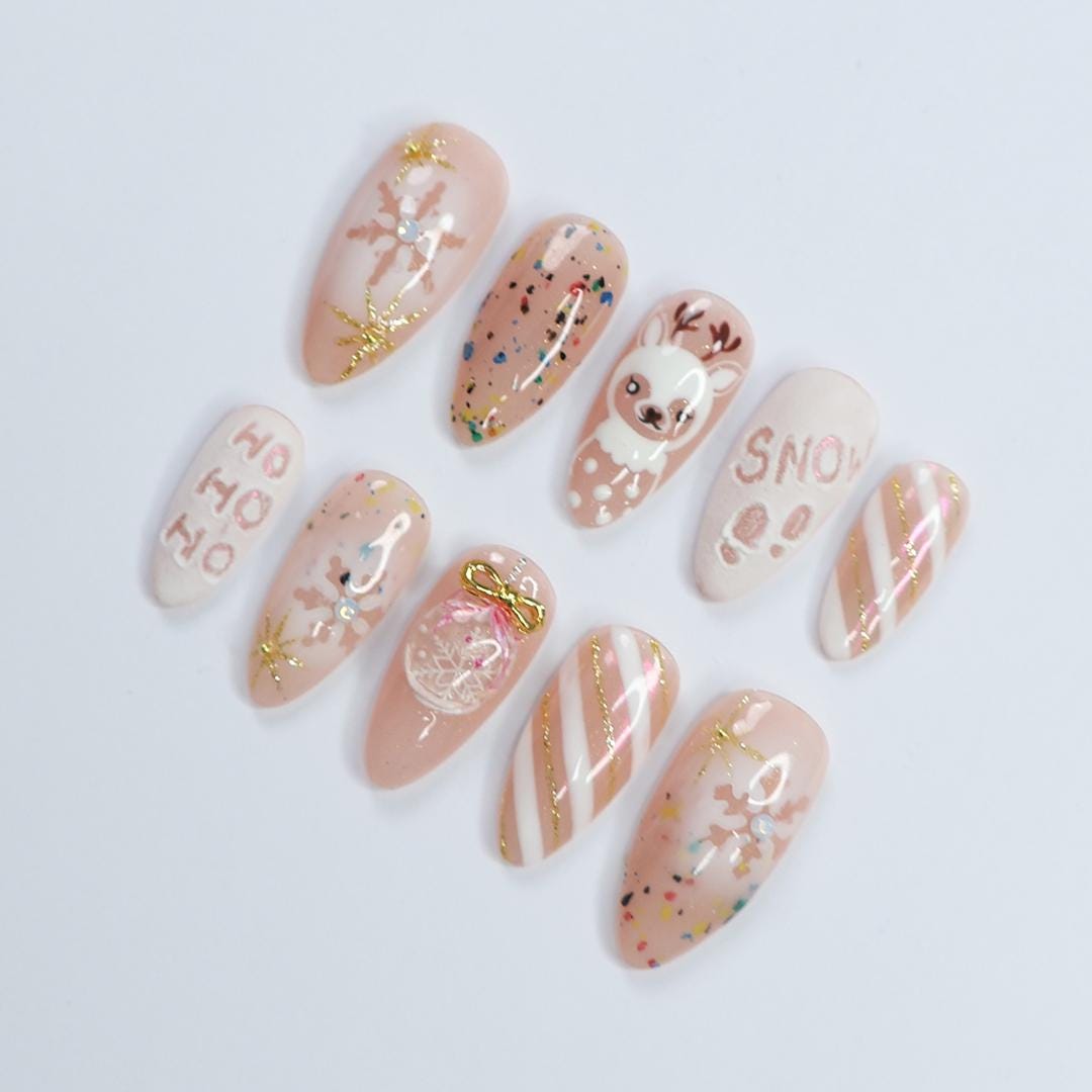 Christmas Press On Nails with Reindeer and Snowflake Art, Nude Medium Almond Holiday Nails, Elegance XMas Nails, Gift for Her