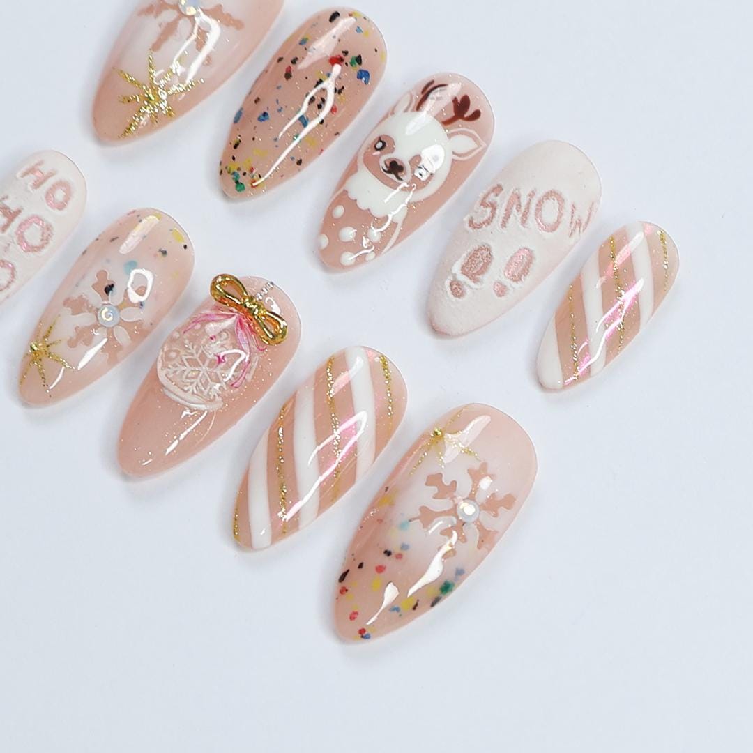 Christmas Press On Nails with Reindeer and Snowflake Art, Nude Medium Almond Holiday Nails, Elegance XMas Nails, Gift for Her
