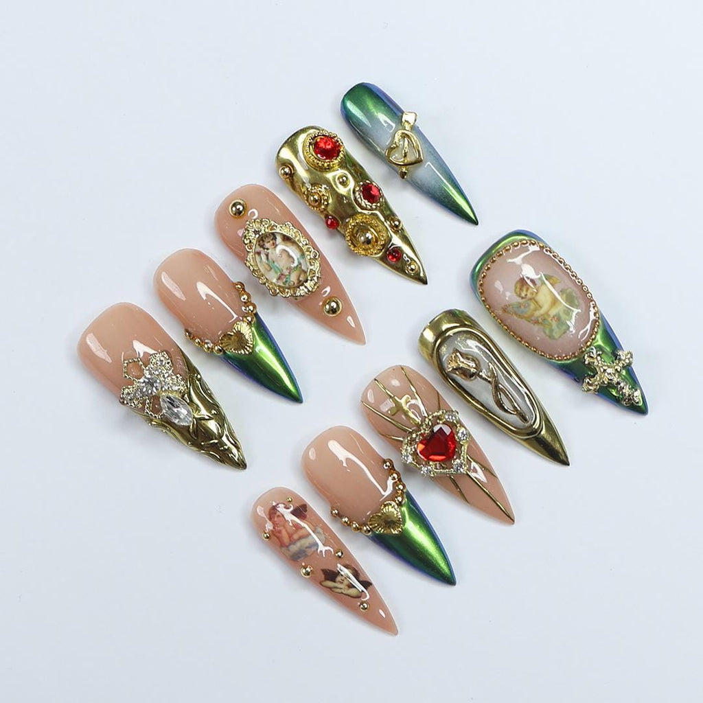 Elevate Holiday Glam Long Stiletto PressOn Nail in Chrome Aurora Green with Angel Design, Perfect Gift for Christmas or Special Occasion