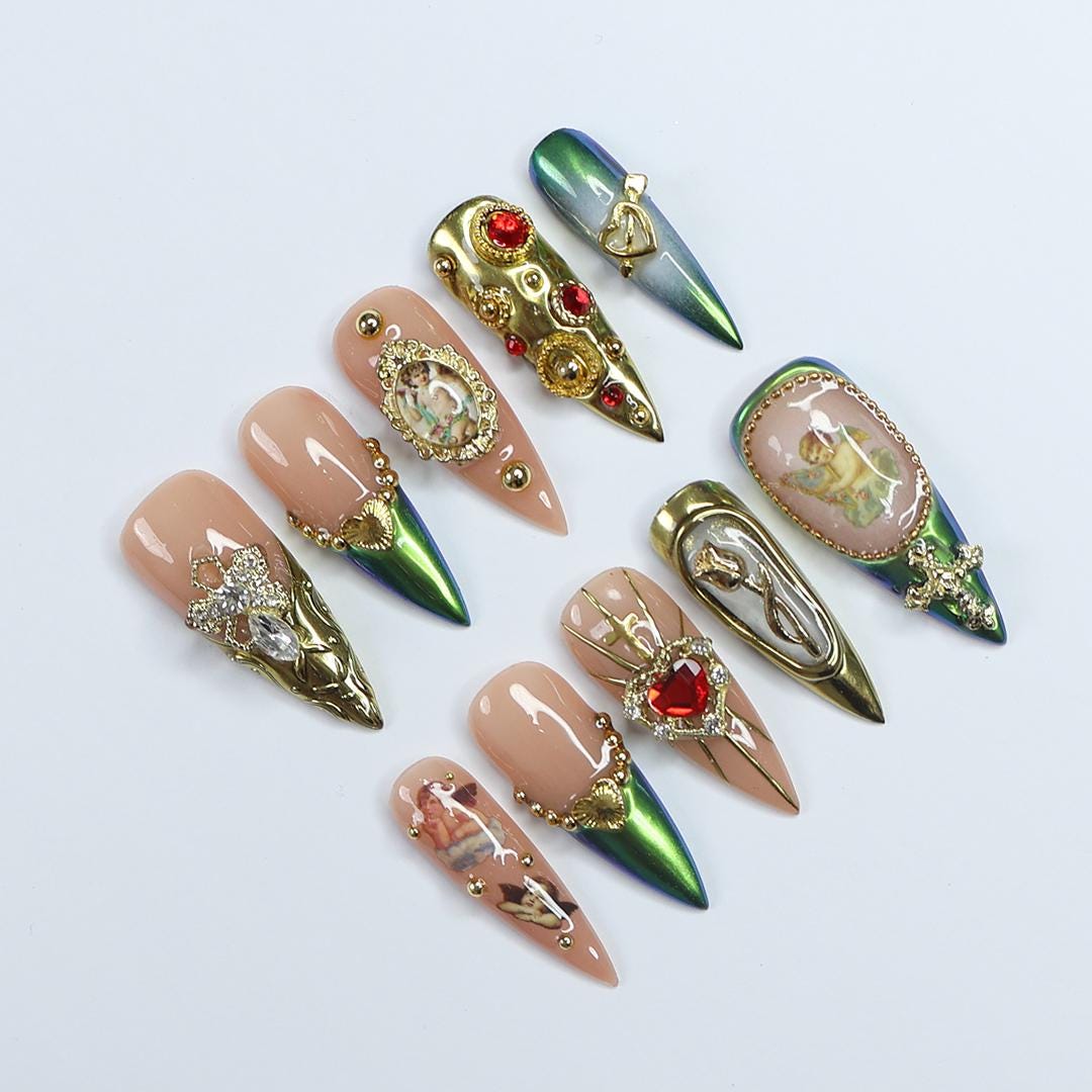 Elevate Holiday Glam Long Stiletto PressOn Nail in Chrome Aurora Green with Angel Design, Perfect Gift for Christmas or Special Occasion