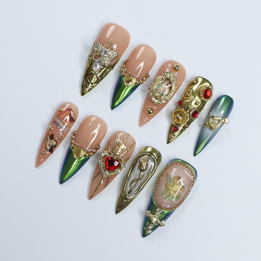 Elevate Holiday Glam Long Stiletto PressOn Nail in Chrome Aurora Green with Angel Design, Perfect Gift for Christmas or Special Occasion