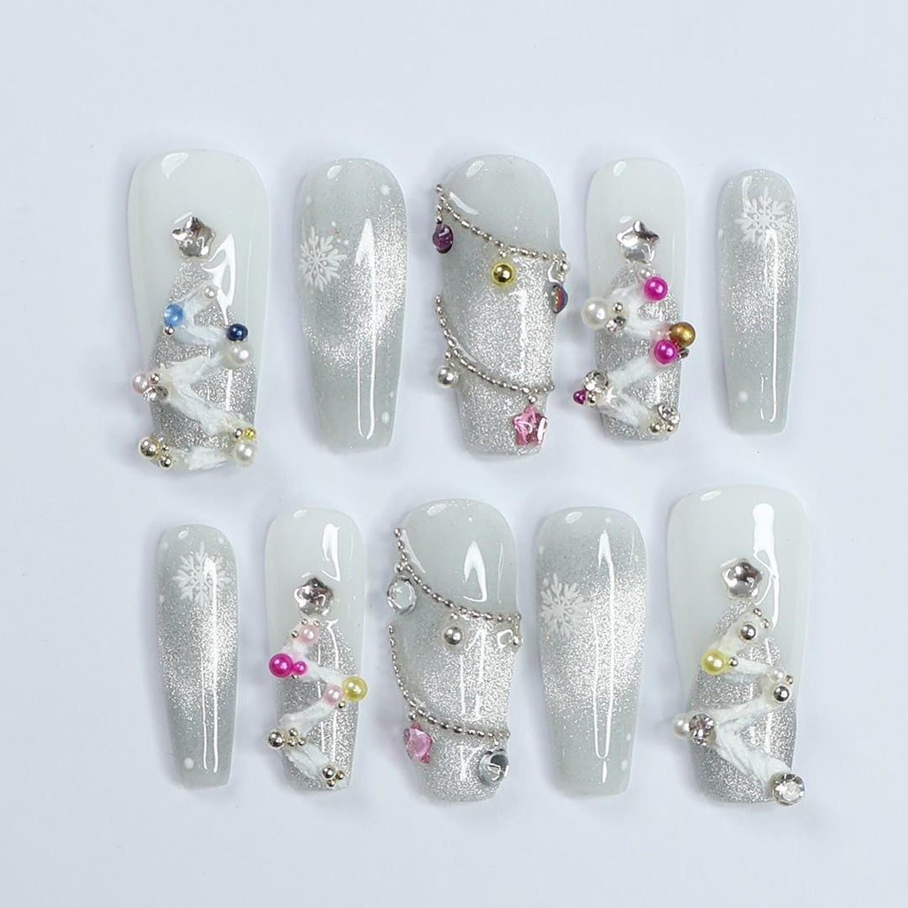 Elegant White Long Coffin Press-On Nails with Silver Chrome, Glitter & Gems - Perfect for Christmas Day or Gift for Her
