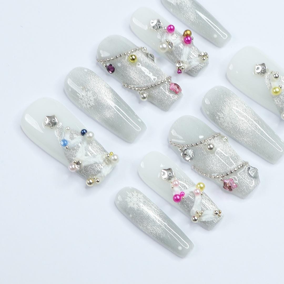 Elegant White Long Coffin Press-On Nails with Silver Chrome, Glitter & Gems - Perfect for Christmas Day or Gift for Her