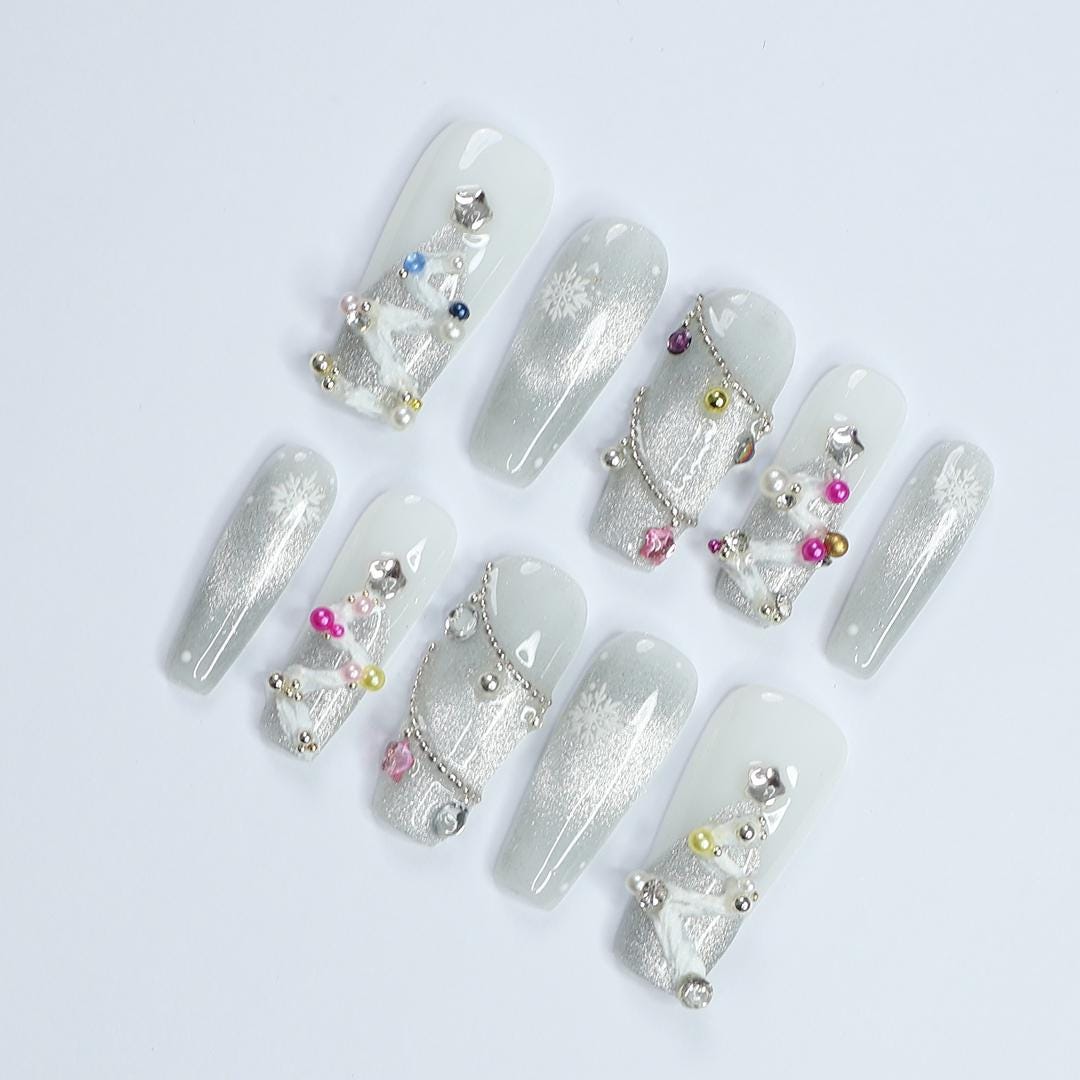 Elegant White Long Coffin Press-On Nails with Silver Chrome, Glitter & Gems - Perfect for Christmas Day or Gift for Her