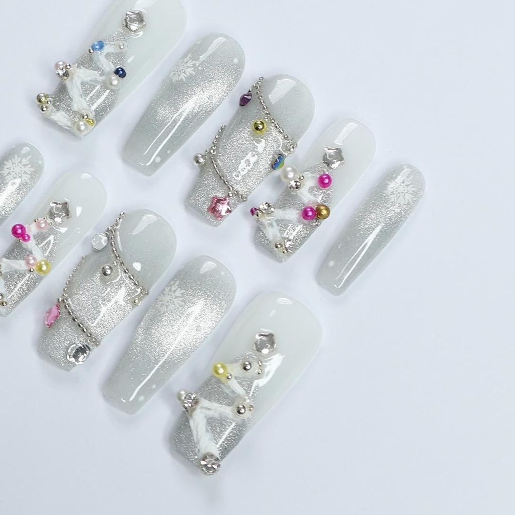 Elegant White Long Coffin Press-On Nails with Silver Chrome, Glitter & Gems - Perfect for Christmas Day or Gift for Her