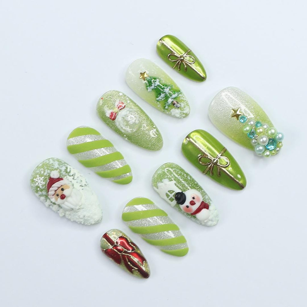 Festive Green Medium Almond Press-On Nails: Adorned with Santa Claus, Snowman Designs - Perfect for Christmas Day or Gift for Her