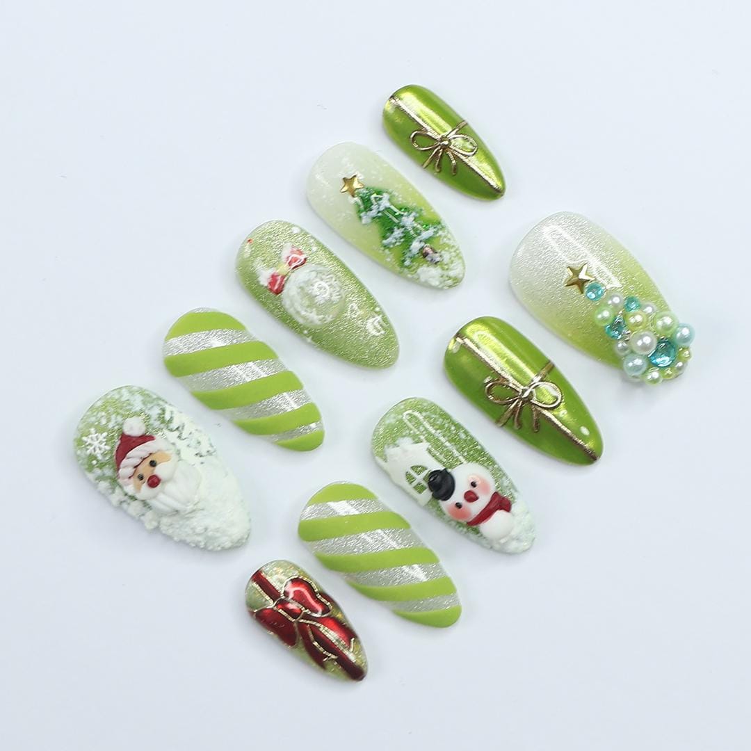 Festive Green Medium Almond Press-On Nails: Adorned with Santa Claus, Snowman Designs - Perfect for Christmas Day or Gift for Her