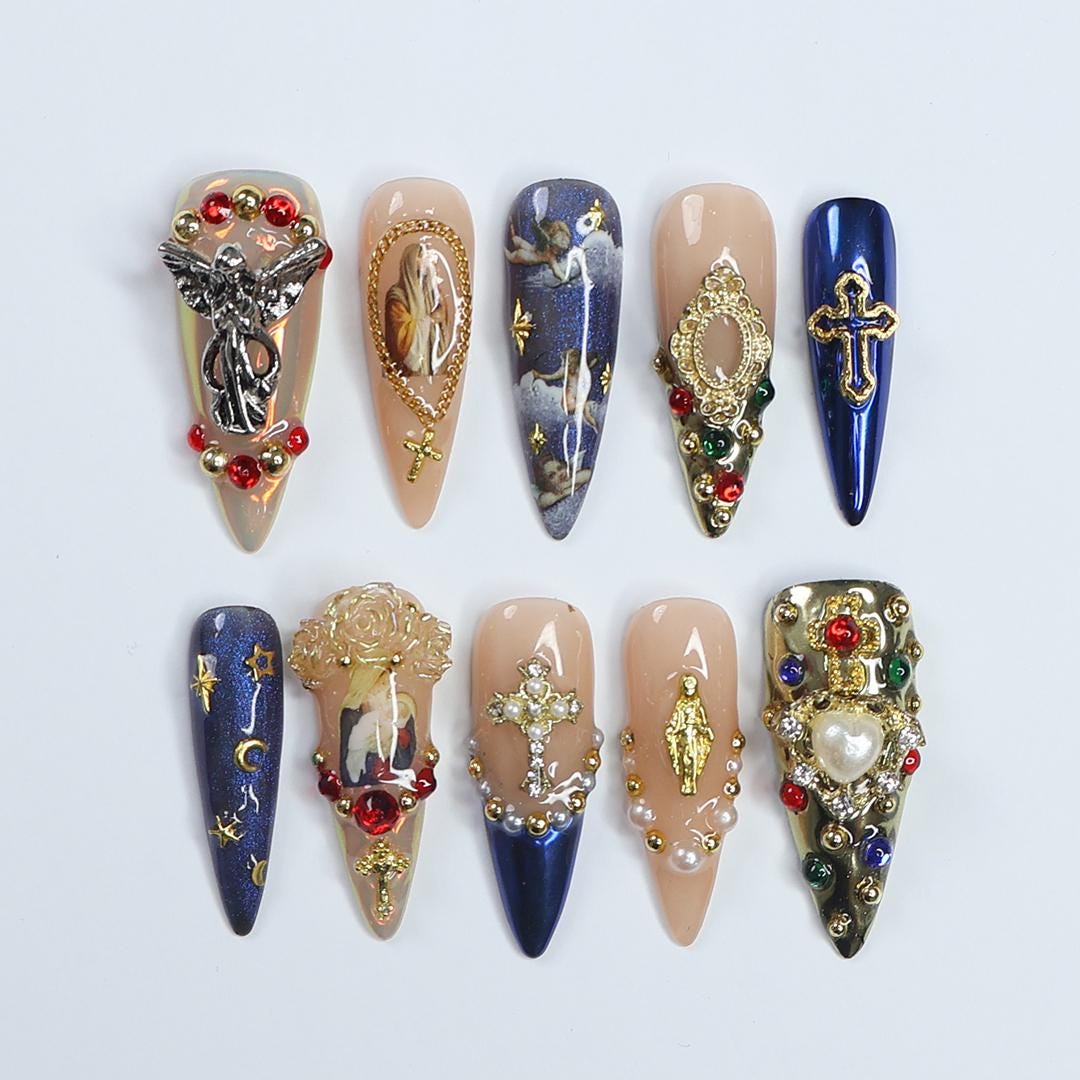 Stunning Long Almond Press-On Nails - 3D Gel Design Featuring Angel, Virgin Mary in Blue & Gold - Perfect for Christmas Day or Gift for Her