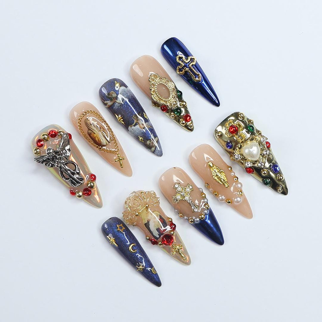 Stunning Long Almond Press-On Nails - 3D Gel Design Featuring Angel, Virgin Mary in Blue & Gold - Perfect for Christmas Day or Gift for Her