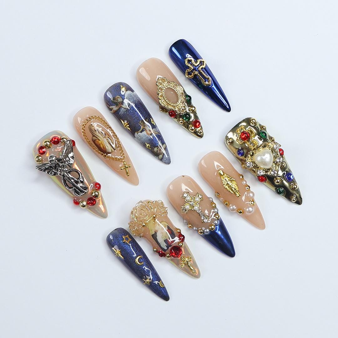 Stunning Long Almond Press-On Nails - 3D Gel Design Featuring Angel, Virgin Mary in Blue & Gold - Perfect for Christmas Day or Gift for Her