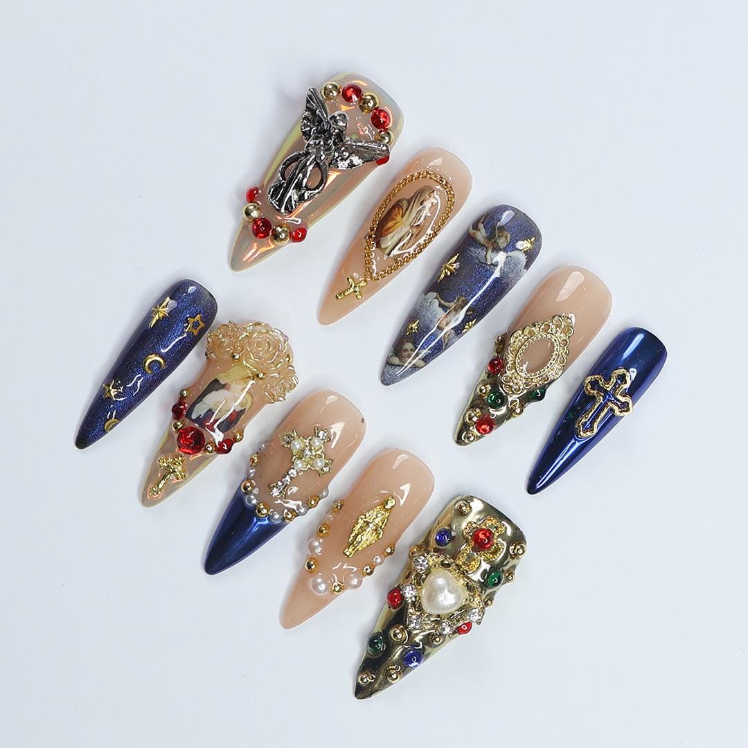 Stunning Long Almond Press-On Nails - 3D Gel Design Featuring Angel, Virgin Mary in Blue & Gold - Perfect for Christmas Day or Gift for Her