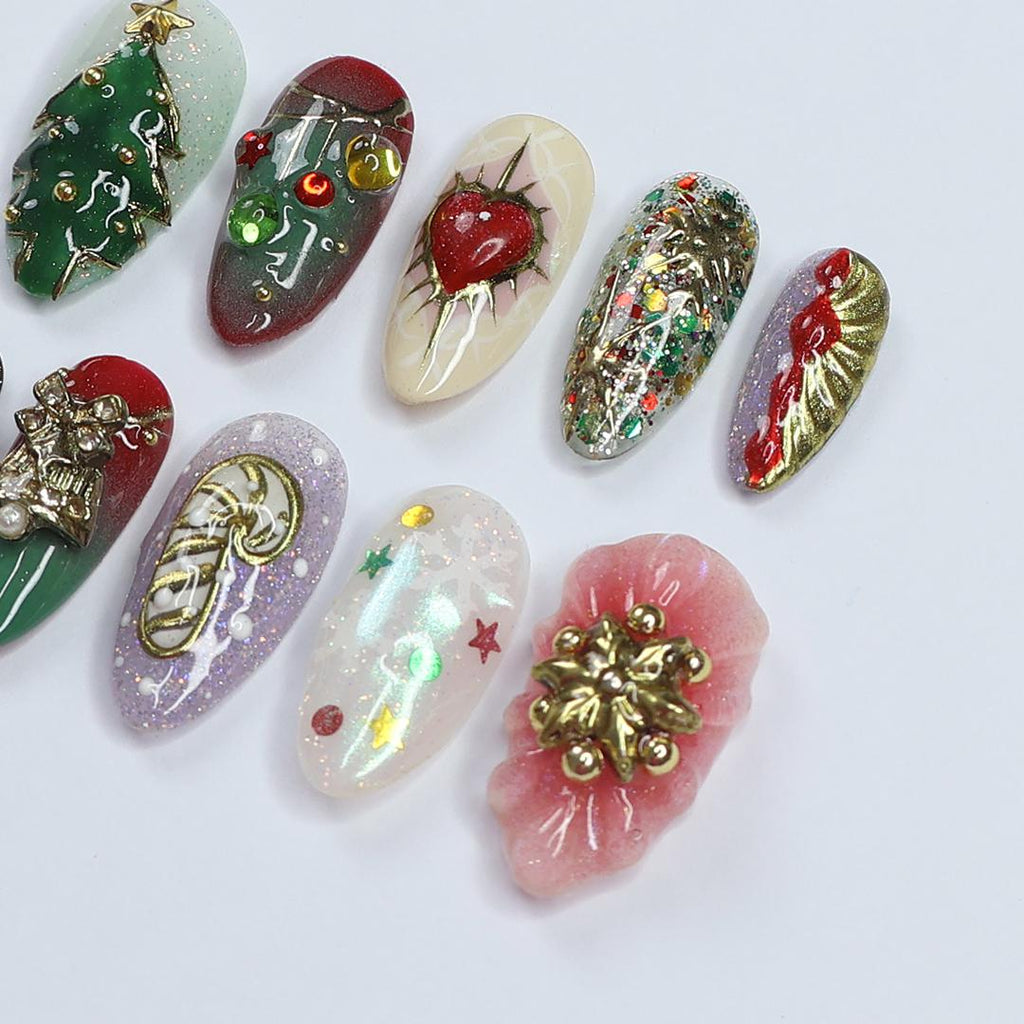 Unique Christmas Design Medium Almond Press On Nails - Luxurious Red & Green Holiday Nail Art , Gift for Her