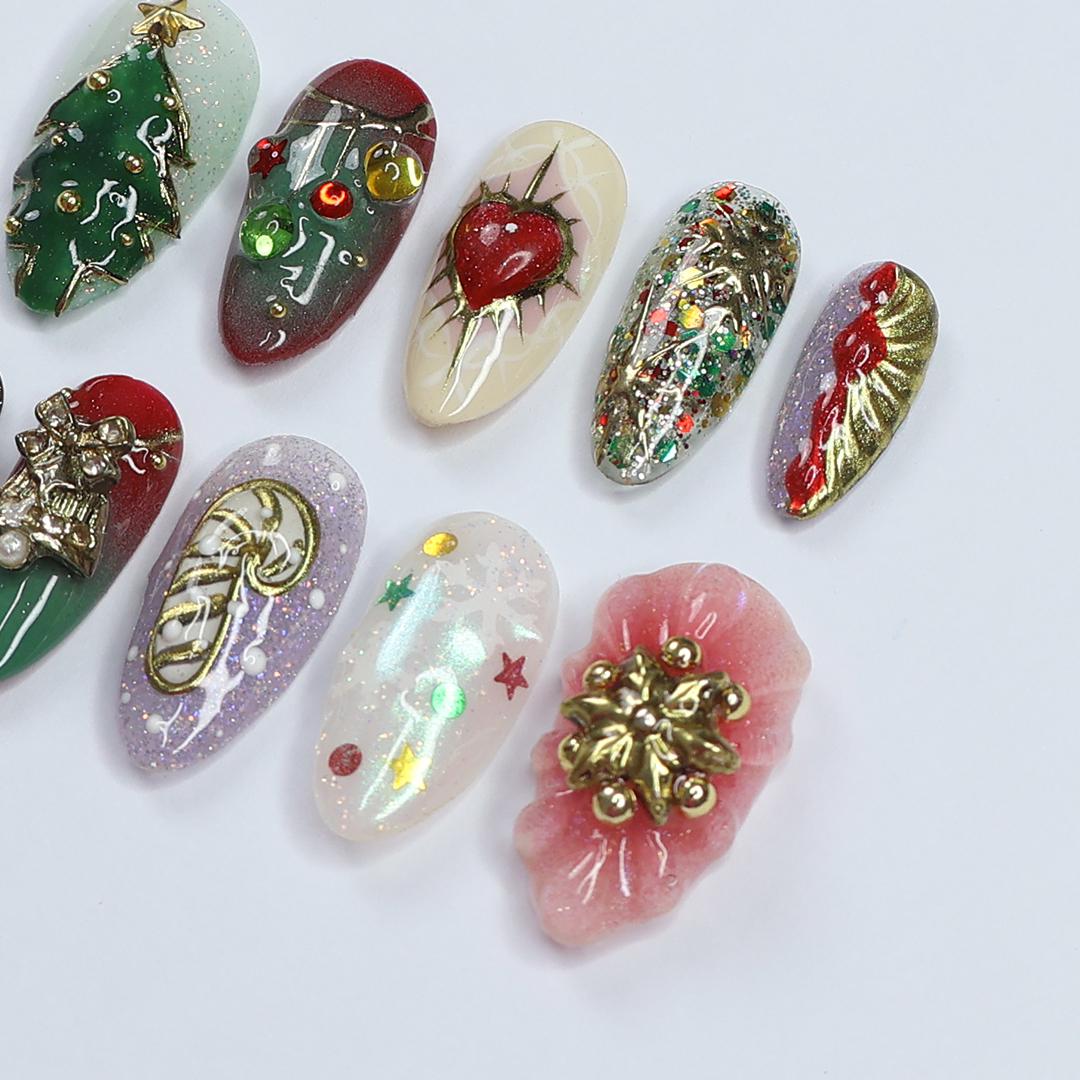 Unique Christmas Design Medium Almond Press On Nails - Luxurious Red & Green Holiday Nail Art , Gift for Her