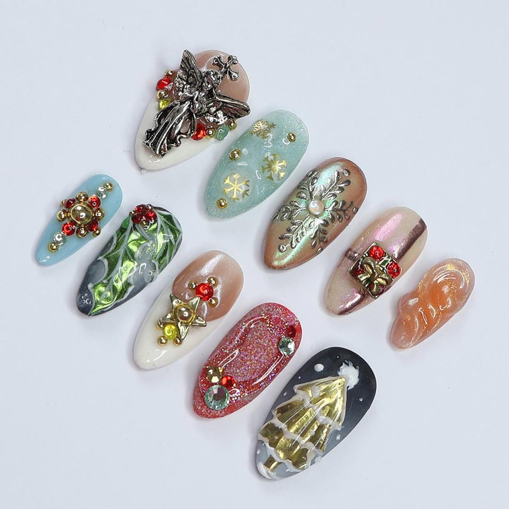 Unique Christmas Design Almond Press On Nail - Luxurious XMas and Holiday Nail Art, 3D Gel Winter Nails Design