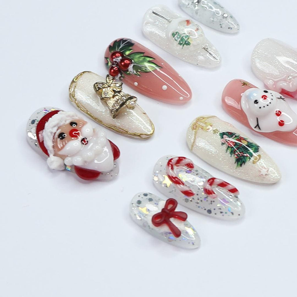 Festive Medium Almond Press-On Nails: Santa Claus, Candy Cane & Christmas Bell Designs - Perfect for Christmas Day Gifts