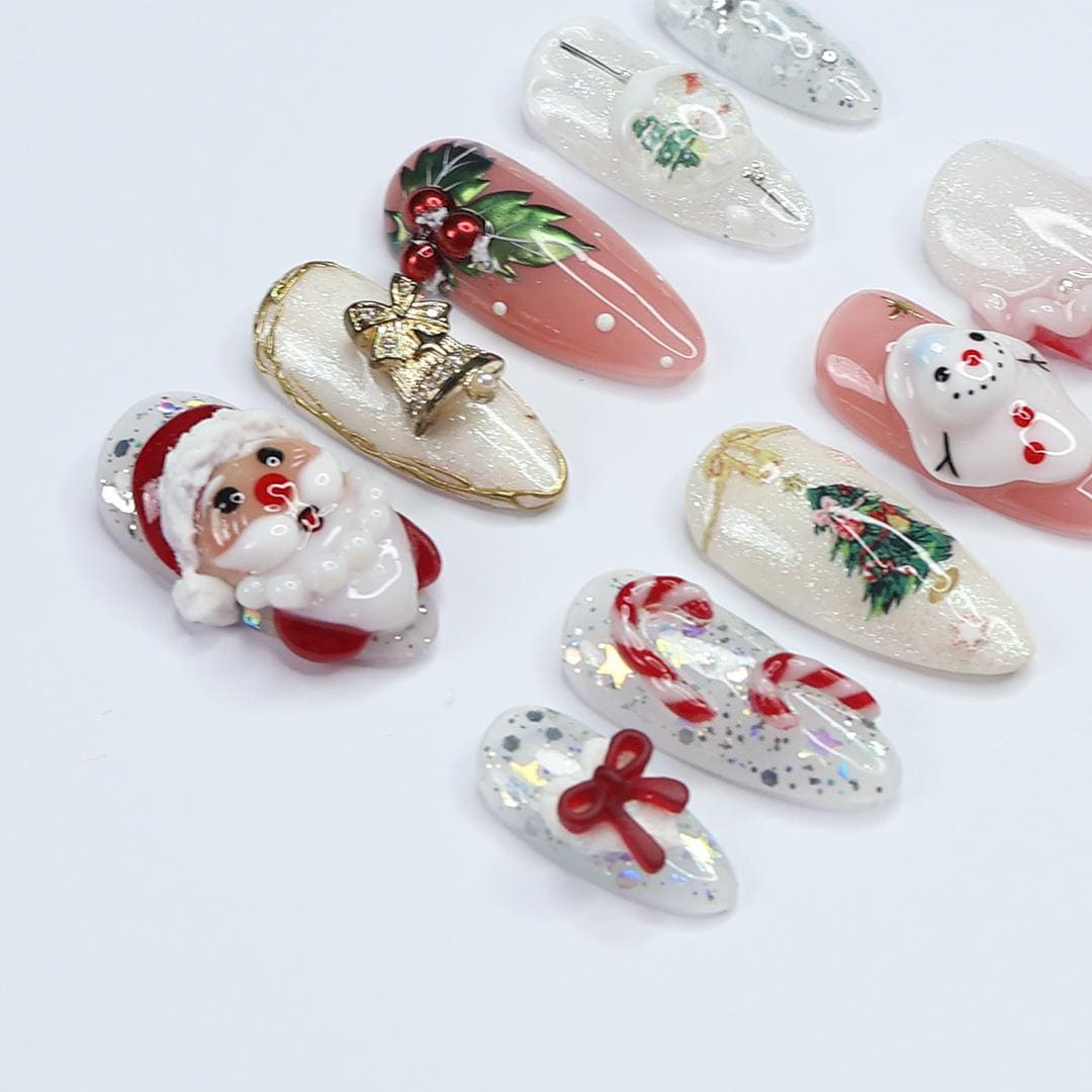 Festive Medium Almond Press-On Nails: Santa Claus, Candy Cane & Christmas Bell Designs - Perfect for Christmas Day Gifts